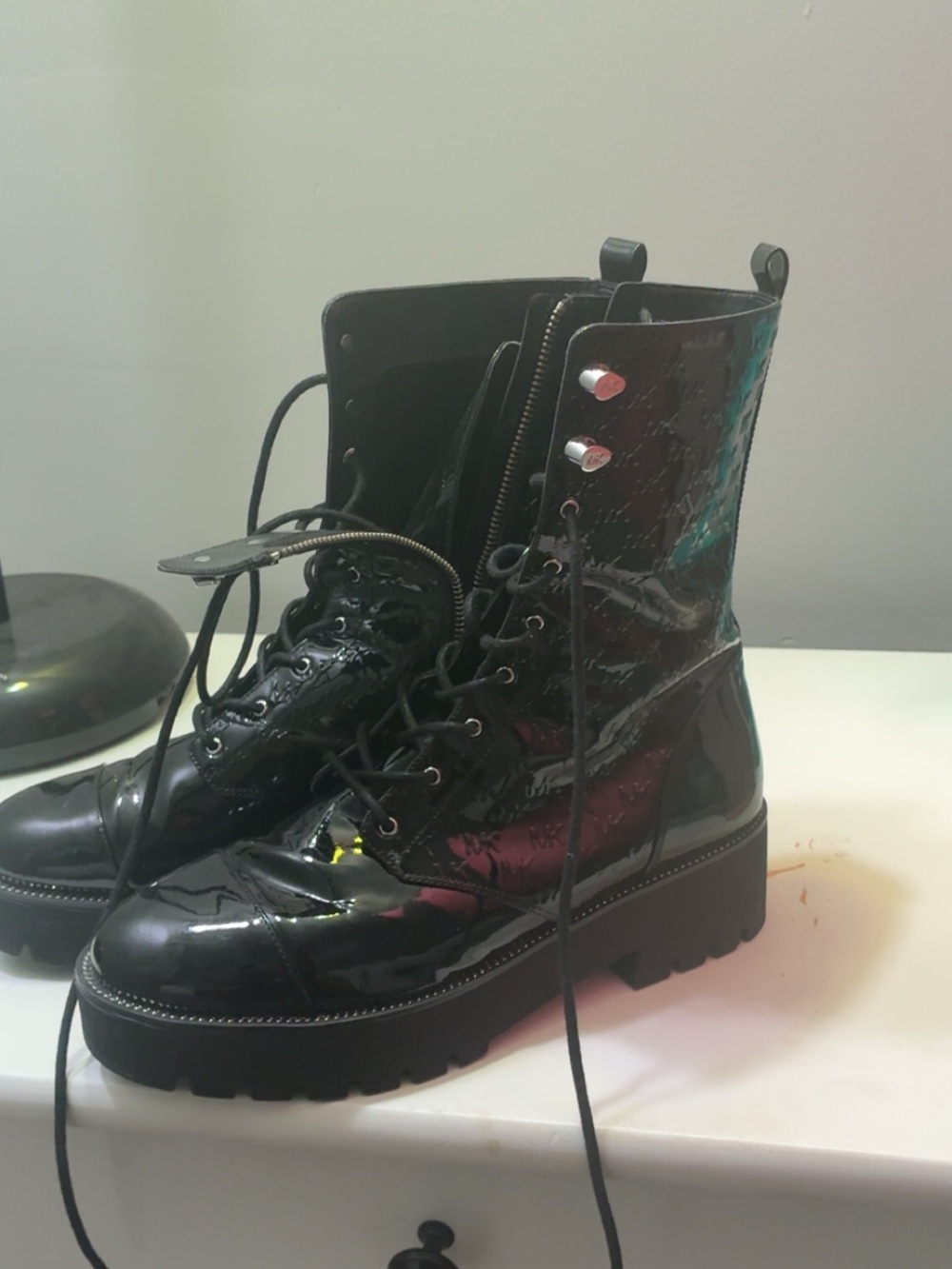Michael Kors Black Patent Combat Boots with Lug Sole